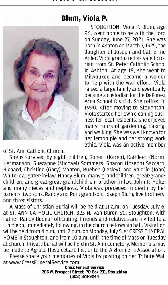 Obituary for Viola P. Blum, 1925-2021 (Aged 96)